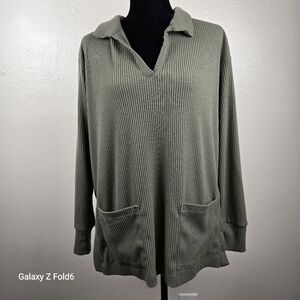 Next Downtime Olive Green Ribbed Tunic Sweater Top w/ Pockets‎ Women’s L US 10